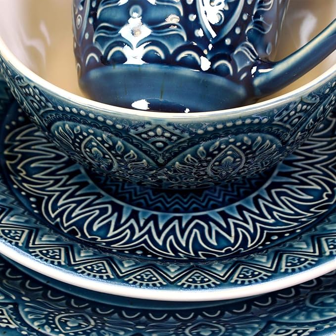 Unknown1 16 Piece Stoneware Dinnerware Set Blue Textured Casual Round Microwave Safe Medium