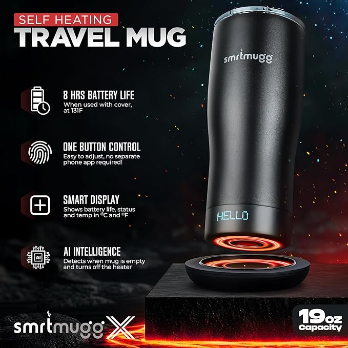 X Heated Coffee Mug 19 oz. 8 Hour Battery Life Self-Heating Adjustable Temp Controlled LCD Screen One Button Temperature Adjustment Includes Cover with Magnetic Slider (Black) (Black)