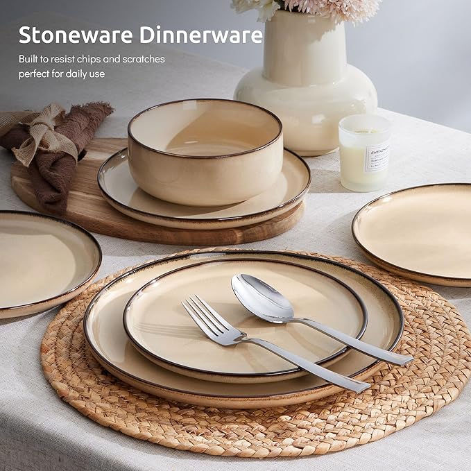 E-far 12-Piece Plates and Bowls Set and 8” Ceramic Salad Plates Set of 6 Budnle Stoneware Dinnerware Sets for 4 Round Dessert Plate for Home Kitchen Restaurant Microwave &amp Dishwasher Safe
