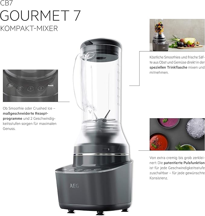 AEG CB7-1-8MTM Compact Blender (2 Levels 2 Recipe Programmes Pulse Function Includes Accessories LED Backlit Buttons 6-Blade Stainless Steel Knife 0.6 Litre Tritan Jug Grey)