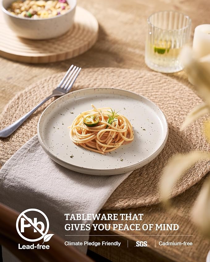 Famiware Meteor Plates and Bowls Sets 24-Piece Stoneware Dinnerware Sets Dishes Set for 8 Microwave and Dishwasher Safe Tableware Creamy White