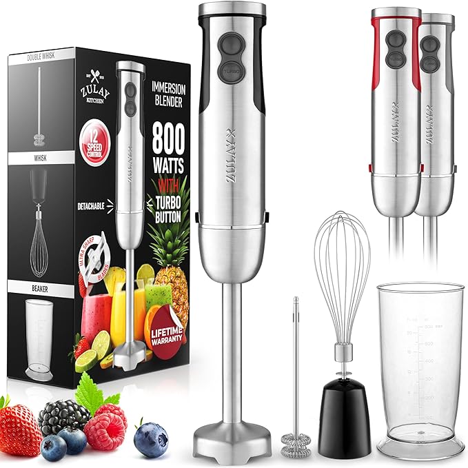 Zulay 4-in-1 Immersion Stick Mixer Hand Blender - 800 Watts 12 Speeds 5-ft Power Electric Cord Handheld Portable Stainless Steel Blades - With Whisk Frother &amp Stick Blender Attachments - Blac