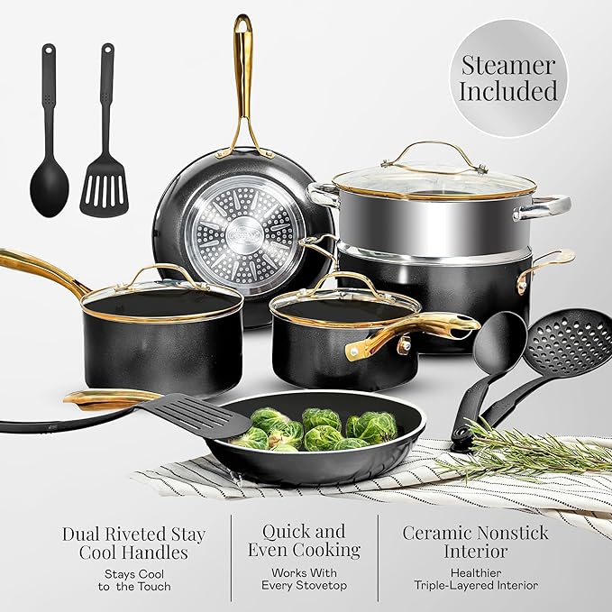 Gotham Steel 15 Pc Ceramic Cookware Set Nonstick Ceramic Pots and Pans Set Non Stick with Steamer &amp Cooking Utensils Non Toxic PFOA PFOS Free Premium Stay Cool Handles Oven &amp Dishwasher Sa