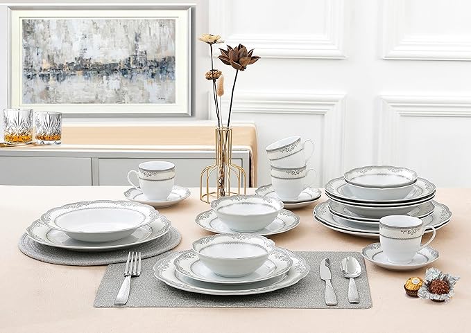 Lorren Home Trends Victoria-24 24 Piece Victoria Design Porcelain Wavy Edge Dinnerware Set White