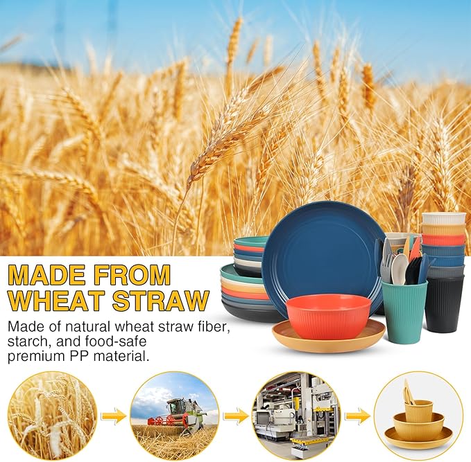 LAERJIN 56 Piece Wheat Straw Dinnerware SetsUnbreakable Reusable Dinnerware SetDishwasher &amp Microwave Safe Plates and Bowls Sets for Apartment Essentials Outdoor Camping Colourful