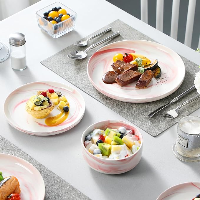 MALACASA Plates and Bowls Sets 12 Pieces Porcelain Dinnerware Sets Dishware Sets Chip Resistant Ceramic Dish Set Dining Dinner Ware Service for 4 Marble Pink Series LUNA