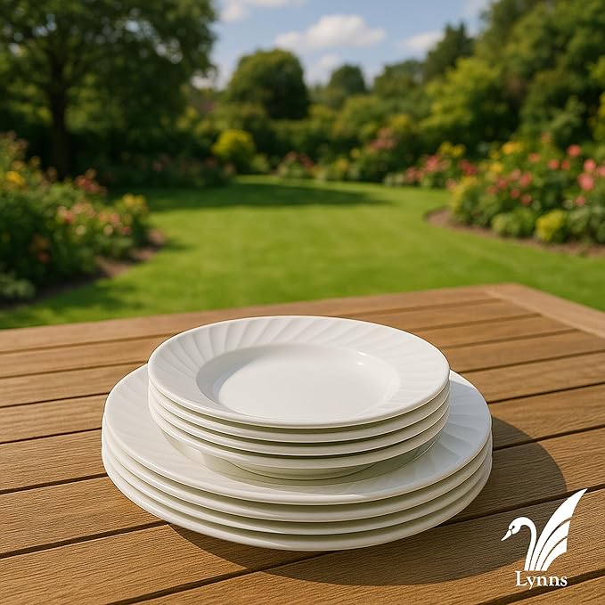 Lynns Paradise Imperial White 20pc Dinnerware Set Embossed Swirl Detail Elegant Versatility Timeless White Finish Includes Dinner Plates Bowls Cups and Saucers Full Tabletop Set