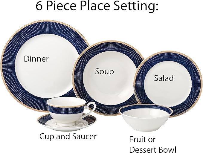 HOMEHUT 24 Piece Dinnerware Set-Bone China - Elegant Navy and Gold Design Lightweight Yet Durable Perfect for Formal Dining and Entertaining Guests Service for 4 people