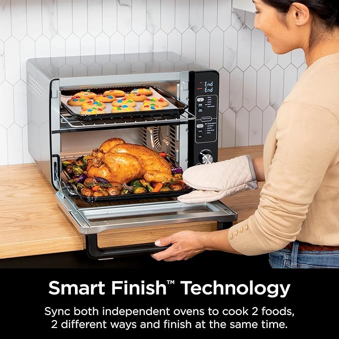 Ninja DCT400 10-in-1 Double Oven with FlexDoor FlavorSeal &amp Smart Finish Rapid Top Convection and Air Fry Bottom Bake Broil Air Roast Toast Air Fry Pizza and More Stainless Steel (Renewed