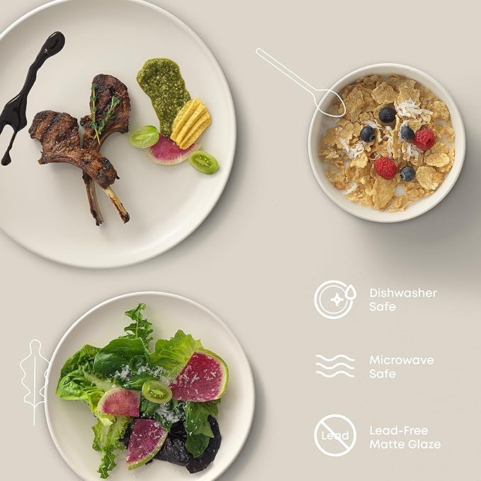 JoyJolt Mesa Stoneware Dinnerware Set 18-Piece Plates and Bowls Sets Includes Dinner - Salad and Cereal and Soup Bowls Modern Farmhouse Matte (Linen) White Dish Set for 6