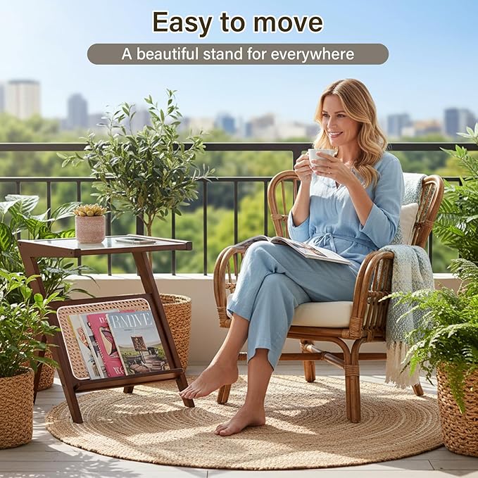 Tiita Rattan Nightstand Side Table Bamboo Accent Bedside Tables Glass Coffee Tables Boho Wooden End Table with Storage for Small Space Living Room and Bedroom