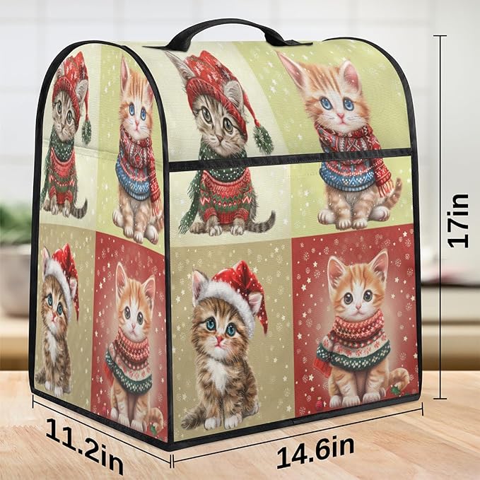 Kitchen Aid Mixer Cover Cute Cat In Santa Hat Stand Mixer Cover Compatible with 6-8 Quarts Stand Mixers Dust Covers with Zipper Pocket Foldable Washable Kitchen Aid Organizer Bag