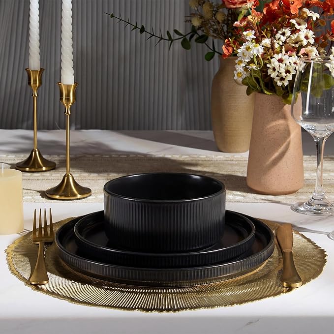 E-far 24-Piece Stoneware Dinnerware Sets Plates and Bowls Sets for 8 Kitchen Dinning Porcelain Ribbed Dishes Set Chip &amp Scratch Resistant Dishwasher &amp Microwave Safe Matte Black