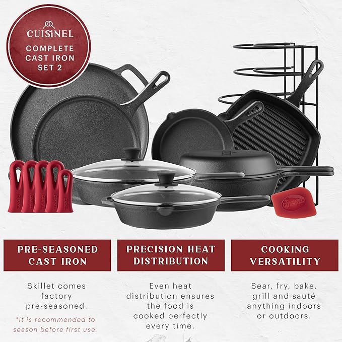 Cuisinel Cast Iron Cookware Set - Complete Pre-Seasoned Kit - 8 Skillet + 10+12 Skillets with Glass Lid + Grill Pan + Multi-Cooker/Dutch Oven + Flat Griddle + Pizza Pan + Rack Organizer - 2024