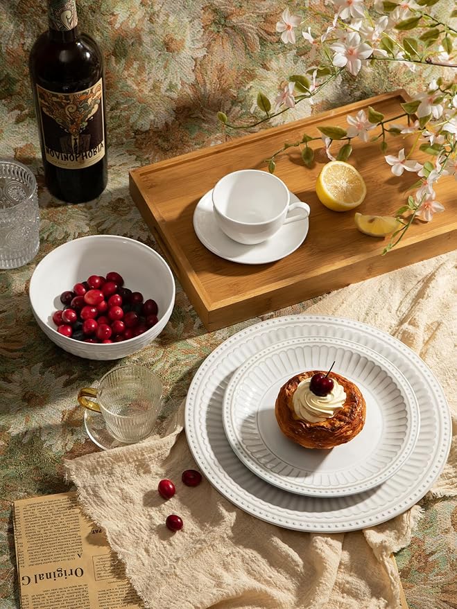 Famiware Garden Plates and Bowls Sets 18-Piece Dishes Set for 6 Scratch Resistant Kitchen Dishes Dinnerware Set - Microwave and Dishwasher Safe Reactive Glaze and Embossed Stoneware White