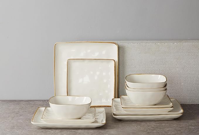 Famiware Ocean Square Plates and Bowls Sets for Kitchen 16-Piece Dinnerware Sets for 4 Microwave and Dishwasher Safe Vanilla White