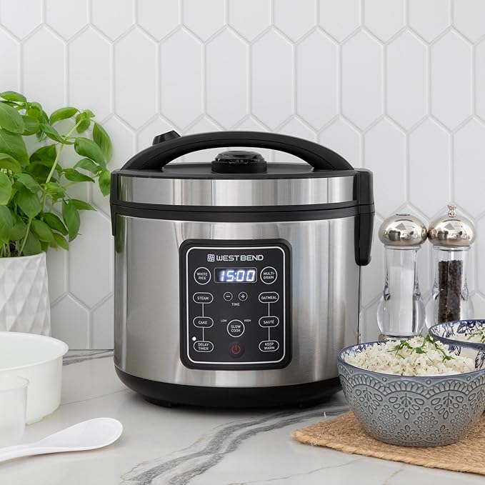 West Bend Rice &amp Grain Multi Cooker Programmable with 9 Preset Functions Features Delay Start and Keep Warm Functions and Steam Basket 20 Cups Cooked (10 cups uncooked) Stainless Steel