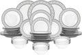 48 Piece Porcelain Dinnerware Sets for 12 – Plates and Bowls – White with Silver Greek Key Design Dish Set for Kitchen Table Everyday Dining or Formal Occasions (Meander Silver)