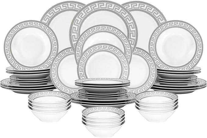 48 Piece Porcelain Dinnerware Sets for 12 – Plates and Bowls – White with Silver Greek Key Design Dish Set for Kitchen Table Everyday Dining or Formal Occasions (Meander Silver)