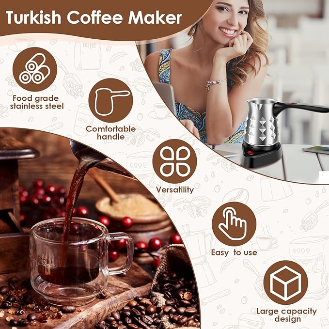 Turkish Coffee Maker with Folding Handle Stainless Steel 500ml Electric Turkish Coffee Machine Electric Turkish Coffee Pot 5 to 6 Cups Capacity Turkish Electric Coffee Maker Machine for Home Travel