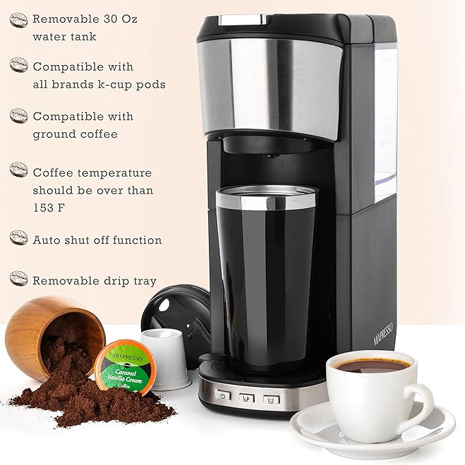 Mixpresso Coffee Maker Single Serve For Ground Coffee &amp Compatible With K Cup Pods With 14oz Travel Mug &amp Reusable Filter For Home Office &amp Camping 30oz Removable Water Tank.