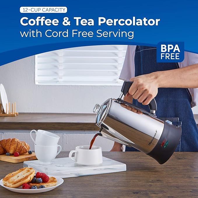 Elite Gourmet EC922 Electric Coffee Percolator BPA Free Keep Warm Glass Clear Brew Progress Knob Cool-Touch Handle Cordless Serve 12-Cup Stainless Steel