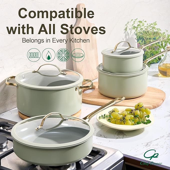 Chef Power Ceramic Cookware Sets 10Pcs Pots and Pans Set Non Stick Cookware Set with Stainless Steel Handle Dishwasher &amp Oven Safe Sage Green and Granite Grey