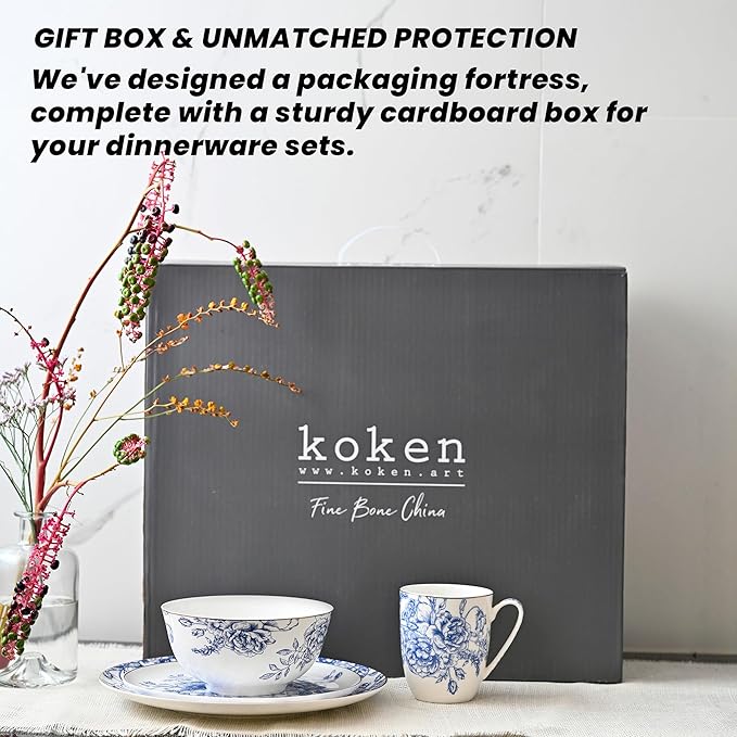 Blue Rose Plates and Bowls Sets Dishes Set for 4 Ceramic Plates and Bowls Set Service for 4 Bone China Dinnerware Set Salad Dessert Plates and Cereal Bowls Set Microwave safe by KOKEN