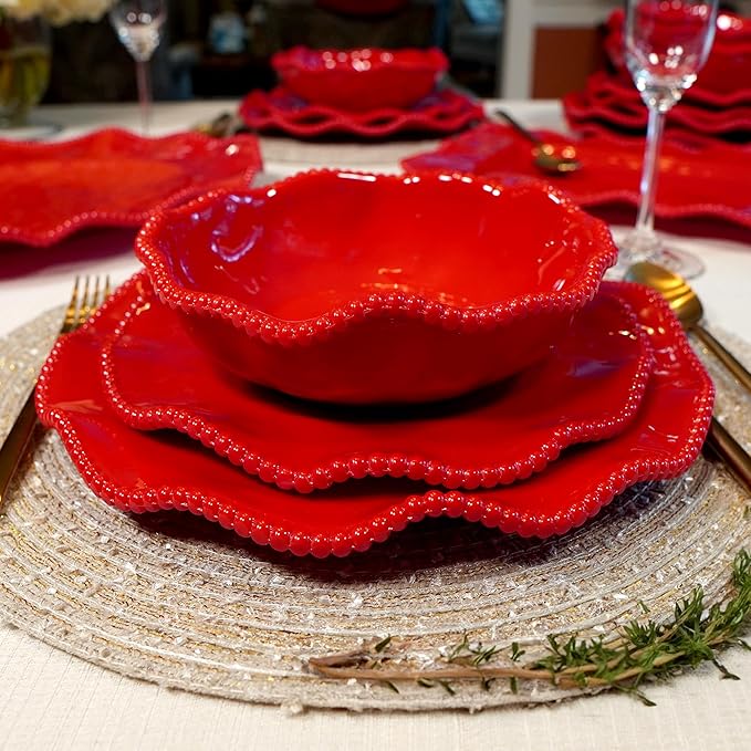 Perlette Red Melamine Dinnerware Set – 12-Piece Scalloped Plates &amp Bowls Vibrant Glossy Finish Elegant Beaded Rim Durable &amp Lightweight – Service for 4 Indoor/Outdoor Use