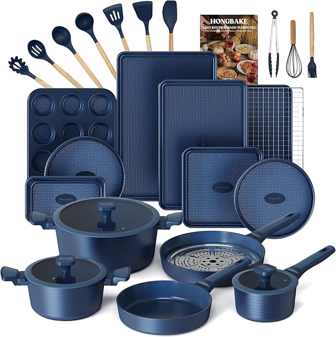 HONGBAKE 26 Pcs Pots and Pans Set Non Stick Non Toxic Ceramic Cooking Set With 10 Silicone Utensils Kitchen Induction Cookware &amp Bakeware Sets with Diamond Texture Pattern PFOA Free Blue