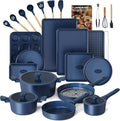 HONGBAKE 26 Pcs Pots and Pans Set Non Stick Non Toxic Ceramic Cooking Set With 10 Silicone Utensils Kitchen Induction Cookware &amp Bakeware Sets with Diamond Texture Pattern PFOA Free Blue