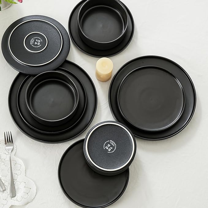 Plates and Bowls Sets 12 Piece Ceramic Dinnerware Set for Family and Gatherings Dishes Set for 4 Dishwasher &amp Microwave Safe Handcrafted Stoneware Sets Modern Black