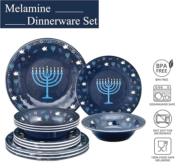 UPware 12 Piece Hanukkah Menorah Melamine Dinnerware Sets Outdoor Dishes Set Plates and Bowls Sets Hanukkah Decorations Service for 4 Indigo Blue