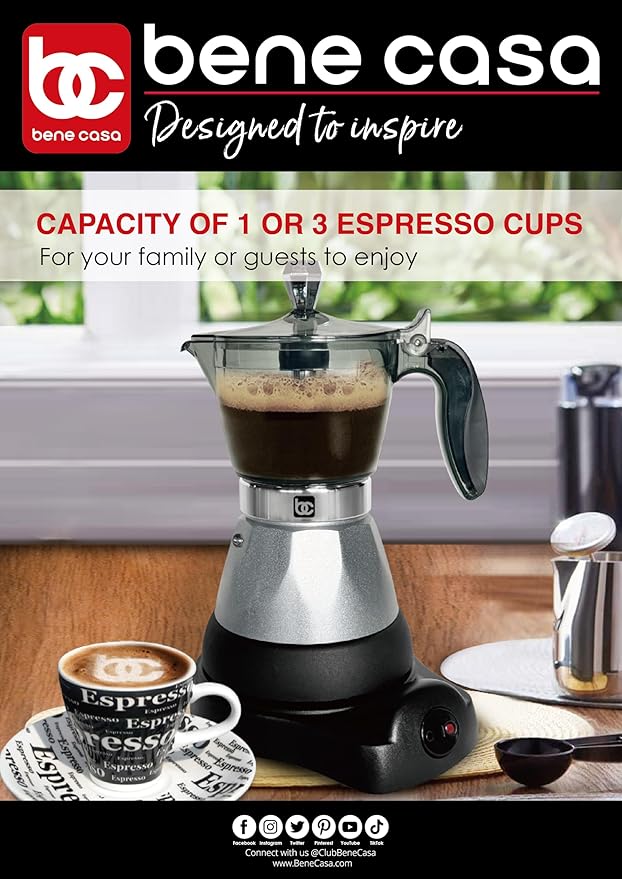 Bene Casa Silver Portable Electric Espresso Maker/Cafetera 1-3 Cups/Shots (1 SILVER)