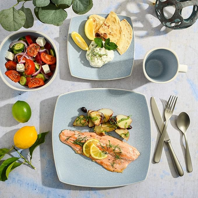 Modern Matte Glaze Square Dinnerware Set - 16 Piece Stoneware Service for 4 Dishwasher &amp Microwave Safe Teal Finish (Light Blue)