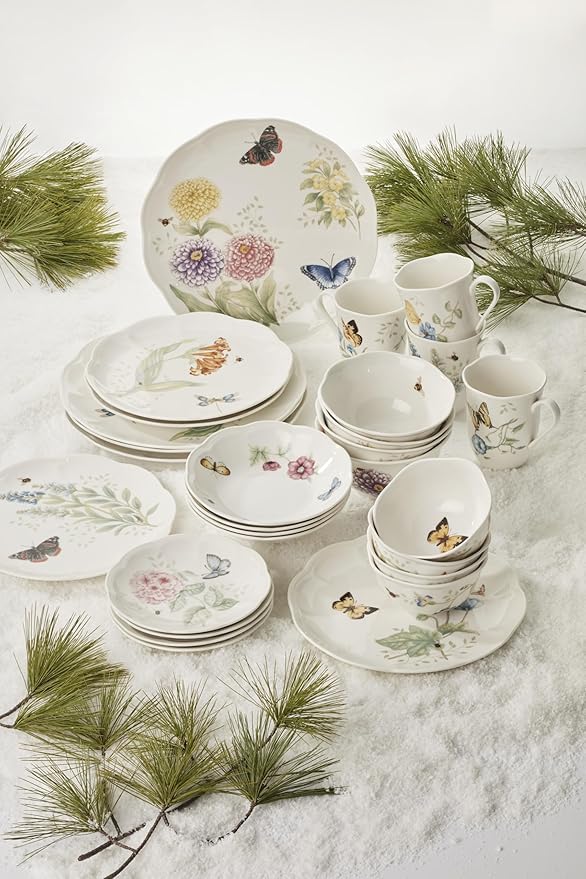 Lenox Dinnerware Set Butterfly Meadow 28-Piece Set Service For 4 Porcelain Plates With Scalloped Edges Plates And Bowls Sets Microwave Safe Dishwasher Safe Home &amp Kitchen (28 Piece Assorte