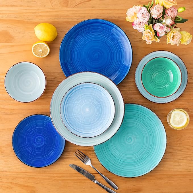 vancasso Bonita Dinnerware Set Blue Stoneware 18 Pieces Service for 6 Handpainted Spirals Pattern Stoneware Plates and Bowls Set