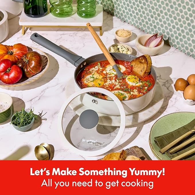 So Yummy by bella 12 Piece Cookware Set w EverGood™ Ceramic Nonstick Coating and Silicone &amp Wood Utensils Dishwasher Safe Silicone &amp Glass Lids Oven Safe &amp All Stovetop Compatible Fros