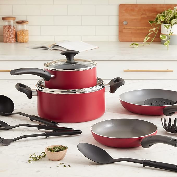 BELLA Cookware Set 12 Piece Pots and Pans with Utensils Nonstick PFOA Free Scratch Resistant Cooking Surface Compatible with All Stoves Nylon and Aluminum Red