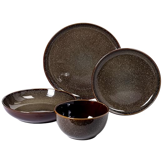 Gibson Elite Edwina 16-Piece Double Bowl Dinnerware Set Service for 4 – Dark Green Stoneware Plates and Bowls