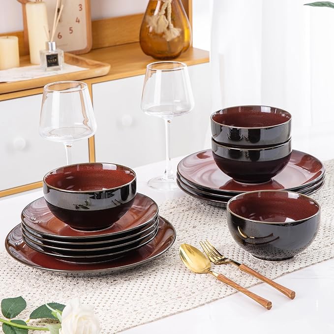 LERATIO Ceramic Dinnerware Sets for 8Stoneware Plates and Bowls SetsHandmade Reactive Glaze Dishes SetChip Resistant and Scratch Resistant | Oven&ampDishwasher &amp Microwave Safe-Red (24PCS)