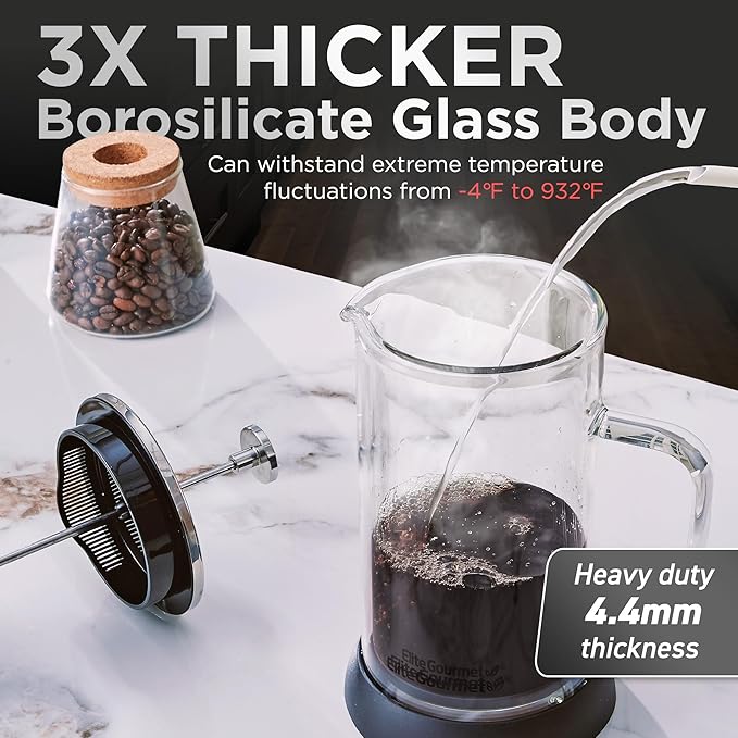 Elite Gourmet FP1223X French Press 34-Ounce Double Wall Insulated Heavy Duty Thick High-Heat Borosilicate Glass BPA-Free Cold Brew Coffee Maker 1-Liter