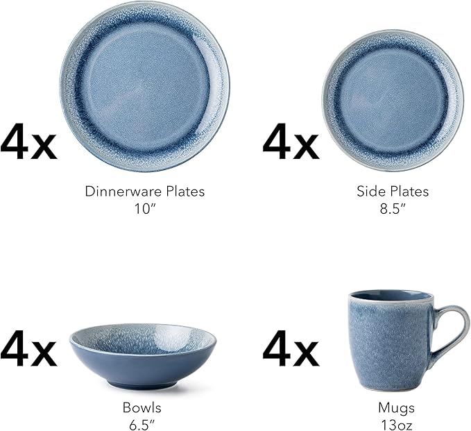 FAIT Round Stoneware 16pc Dinnerware Set for 4 Dinner Plates Side Plates Cereal Bowls Mugs - Reactive Glaze Blue (463014)