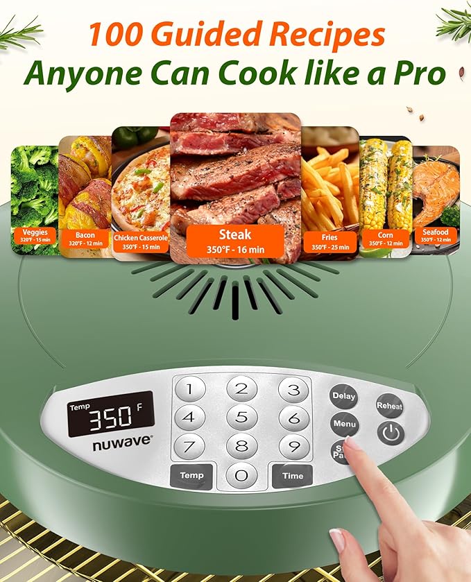 Nuwave Oven Pro Plus Air Fryer Infra-Red Countertop 2025 Advanced Convection No Defrosting or Preheating Cook Fresh or Frozen Durable Power Dome 100 Presets &amp 50 Memory PFAS Free Wild Oliv