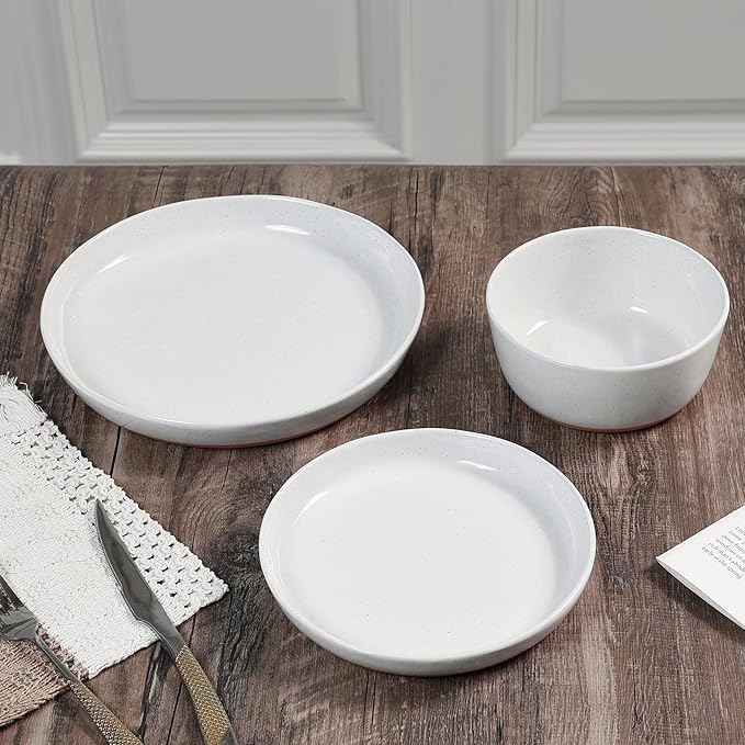 Ceramic Dinnerware SetsPorcelain Plates and Bowls Set with Rustic Terracotta Underside Scratch Resistant 12 Pieces Stoneware Dishes Set Dishwasher &amp Microwave SafeWhite(Brown)
