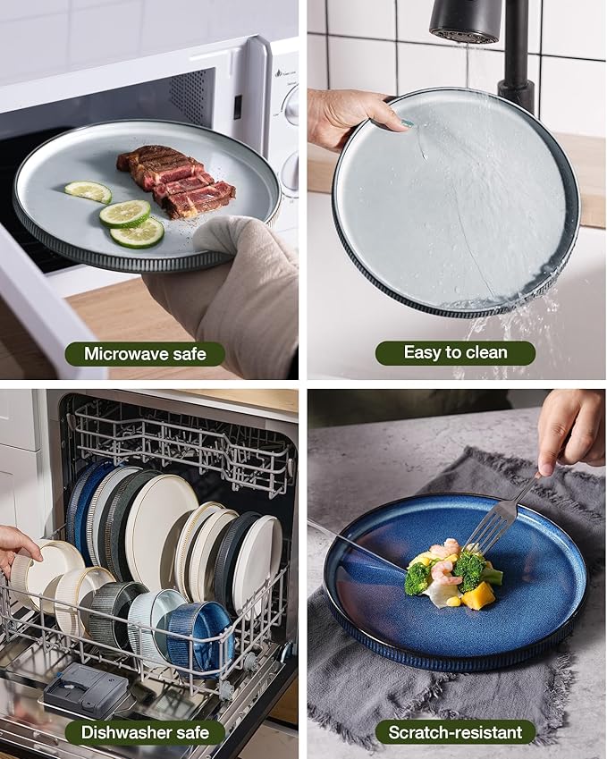famiware Star Dinnerware Set Plates and Bowls Sets for 4 (12pcs) Ribbed Stoneware Dishes - Chip &amp Scratch Resistant Microwave &amp Dishwasher Safe Multicolor - Cappuccino White &amp Smoky Bl