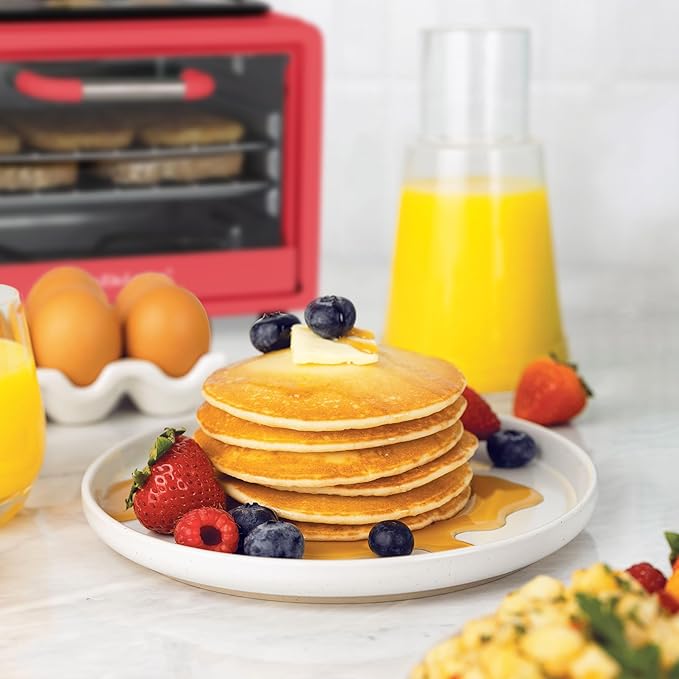 Nostalgia 3-in-1 Retro Breakfast Station - Includes 5 Cup Coffee Maker Non-Stick Ceramic Griddle and 4-Slice Toaster Oven - Built-In Timer Reusable Coffee Filter Space-Saving Design - Red