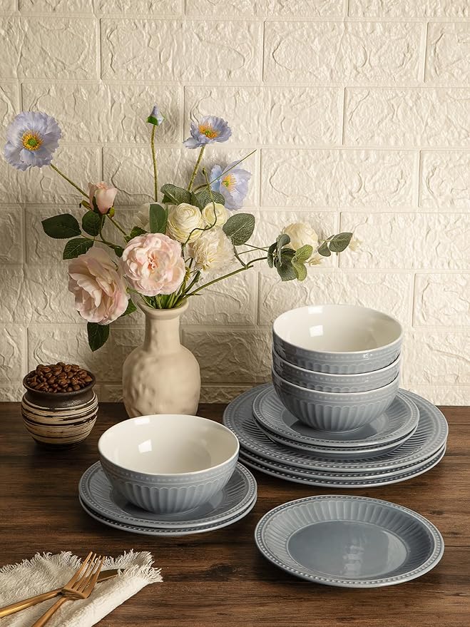 Famiware Garden Plates and Bowls Set for 6 18-Piece Kitchen Dishes Dinnerware Set - Microwave and Dishwasher Safe Scratch Resistant Reactive Glaze and Embossed Stoneware Tableware Bluish Grey