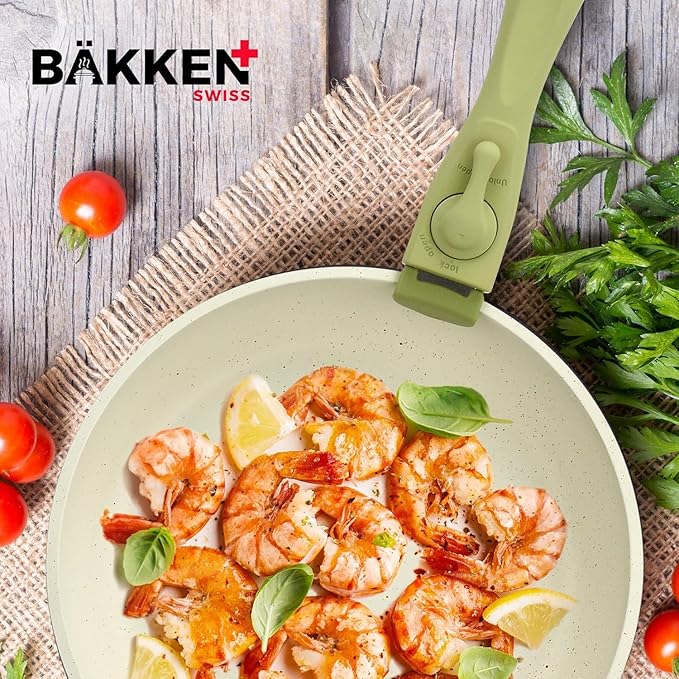 Bakken 15-Piece Non-Stick Cookware Set with Detachable Handles – Granite Stackable Pots and Pans Set Dish Washer Safe Oven-Safe and Compatible Kitchen Essential for All Stoves – Green/Cream