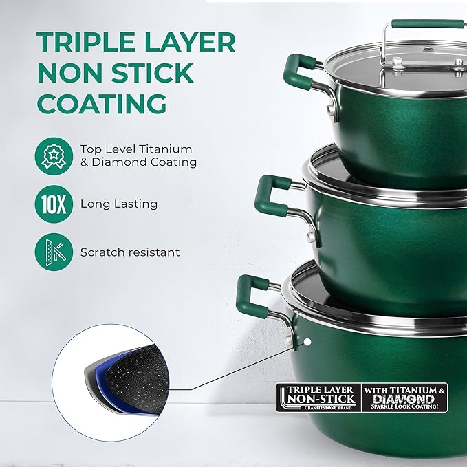 Granitestone Green Pots and Pans Set Nonstick 6 Stackable Piece Cooking Pots Set Kitchen Pots Non Stick Coating 5qt 3qt &amp 1.5qt Pots with Lids Stay Cool Handles Dishwasher Safe 100% Toxin Fre